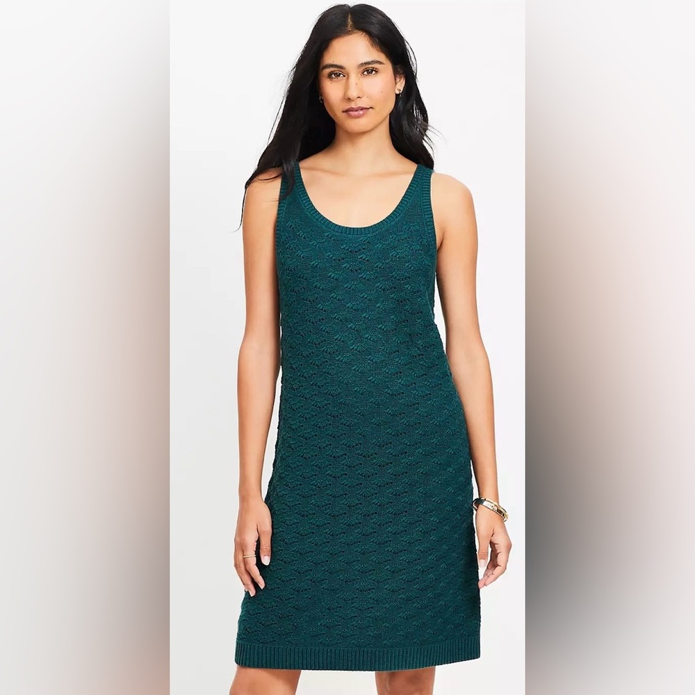 LOFT Pointelle Mini Sweater Dress in Emerald, XS, NEW WITH TAGS